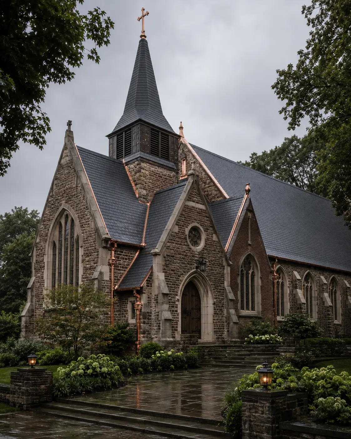 Historic stone church with steep slate roof planes, copper drainage, and a central steeple