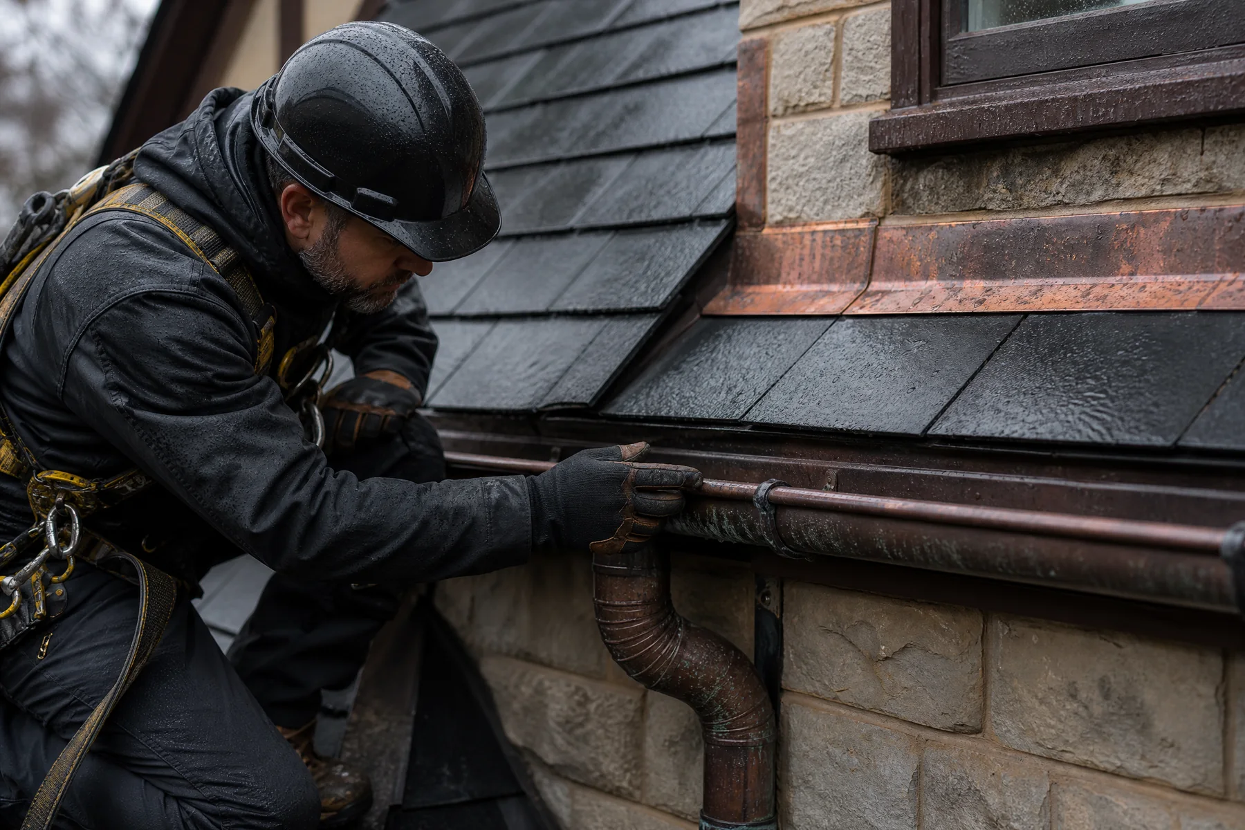 Roofing professional inspecting a wet gutter, downspout, fascia, and roof edge after rain