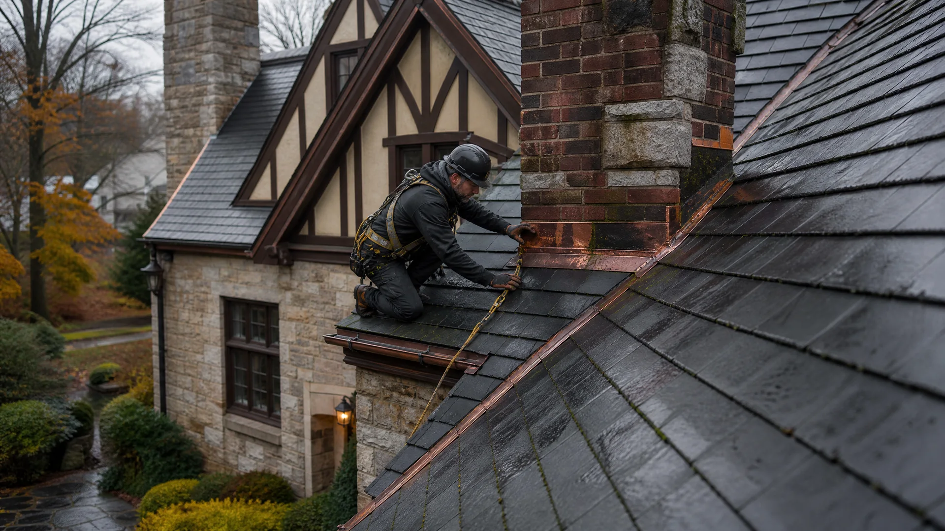 Roofing professional inspecting wet chimney flashing and roof valleys on a Northern New Jersey home