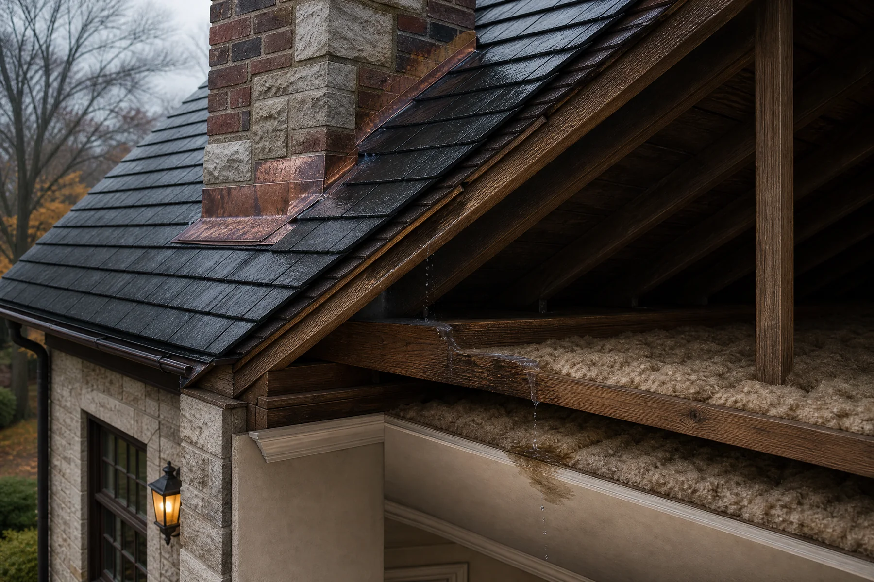 Architectural cutaway showing water entering at chimney flashing and traveling along roof framing before reaching a ceiling