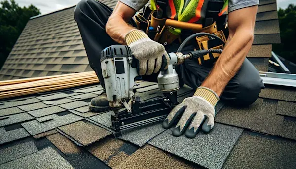Roofer fastening architectural shingles during installation
