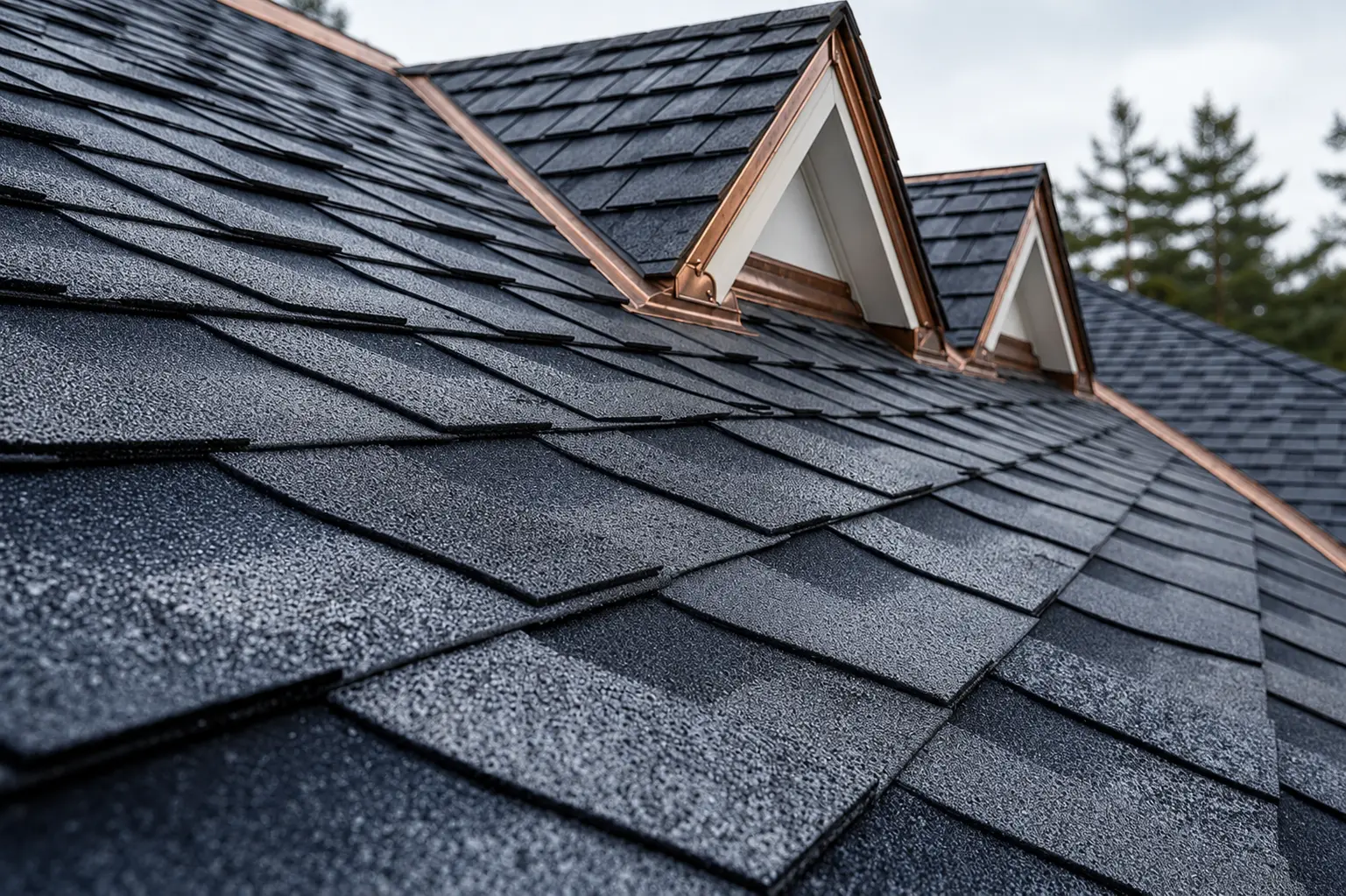 Dark architectural shingle roof with copper-trimmed dormers and intersecting roof planes