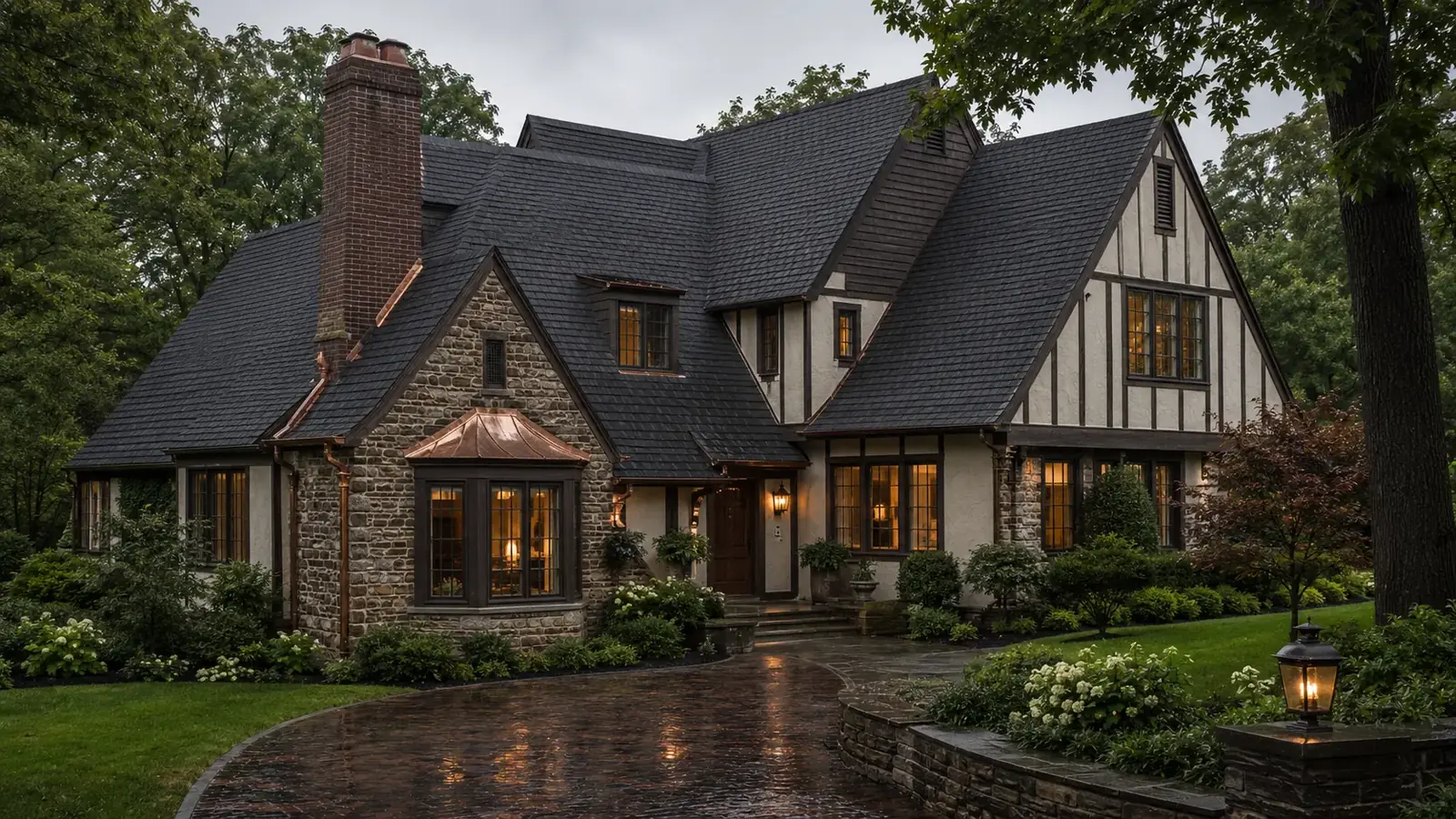 Finished Tudor-style home with a dark architectural shingle roof and copper details